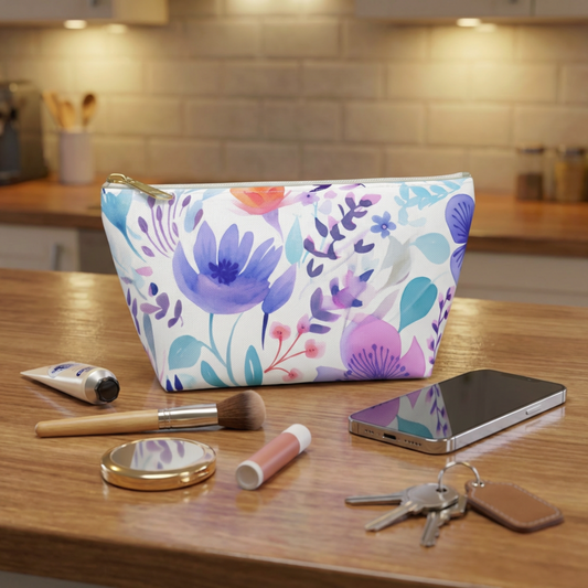 Floral Watercolor Accessory Pouch – Purple & Teal Cosmetic Bag