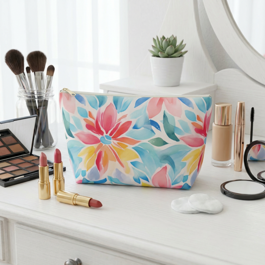 Floral Watercolor Accessory Pouch — Bright T‑Bottom Cosmetic Bag
