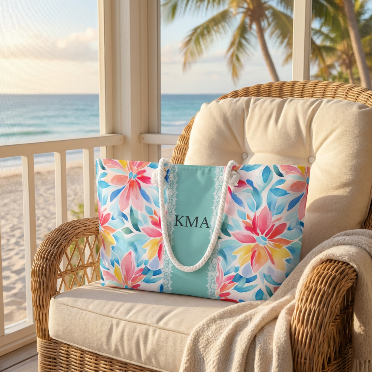 Floral Monogram Weekender Bag , Personalized Tropical Travel Tote