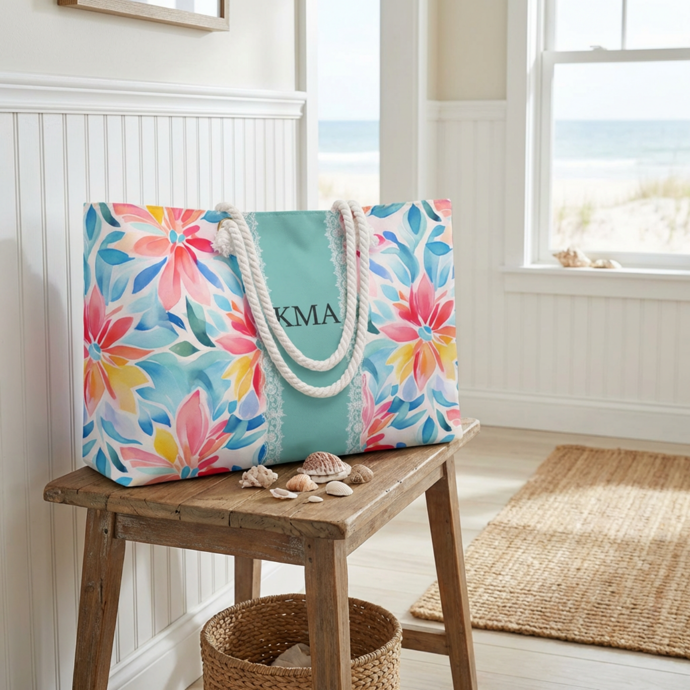 Floral Monogram Weekender Bag , Personalized Tropical Travel Tote