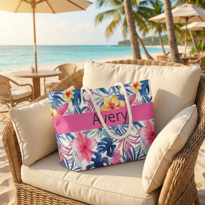 Personalized Tropical Floral Weekender Bag, Custom Name Beach Tote