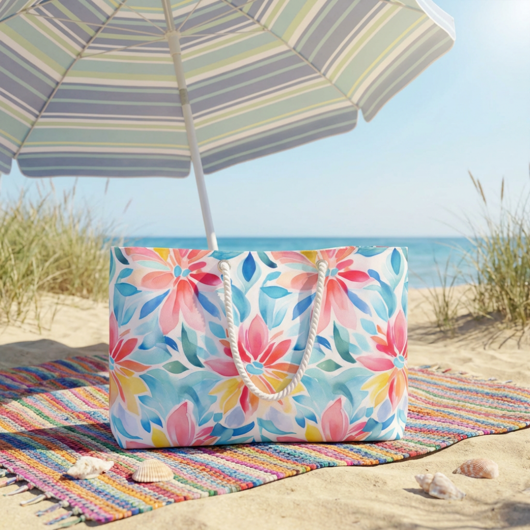 Floral Watercolor Weekender Bag – Colorful Tropical Flower Travel Tote