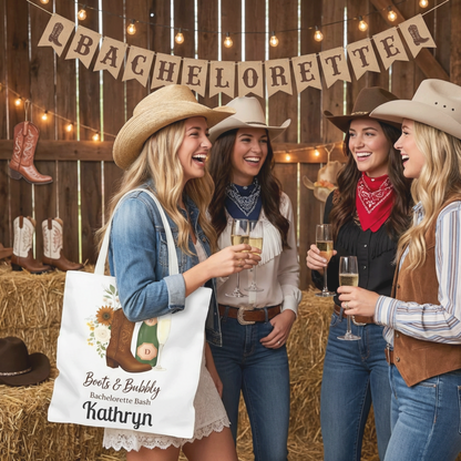 Bachelorette Boots & Bubbly Tote Bag — Champagne & Cowgirl Party Shopper