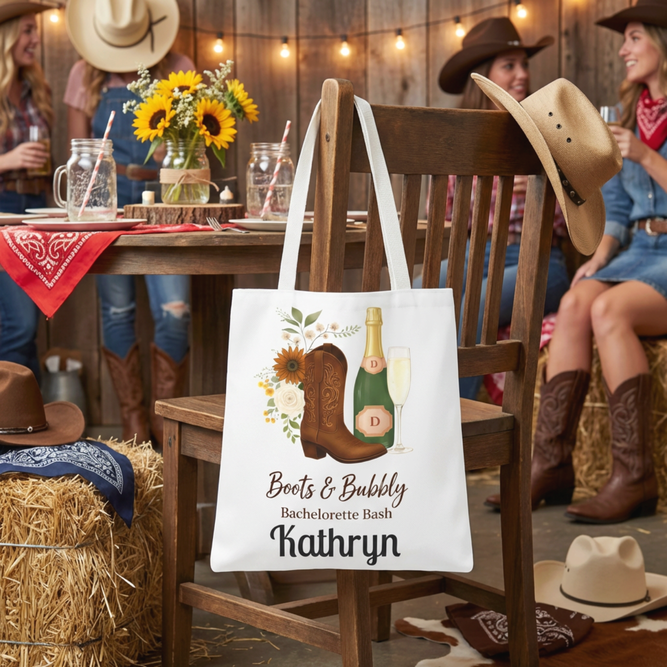 Bachelorette Boots & Bubbly Tote Bag — Champagne & Cowgirl Party Shopper