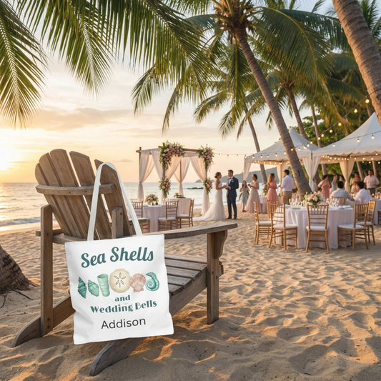 Personalized Sea Shells Tote Bag — 'Sea Shells and Wedding Bells' Beach Wedding Gift