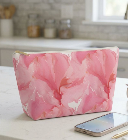 Pink Marble Cosmetic Pouch — Floral Swirl Accessory Bag