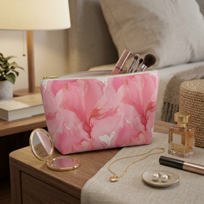 Pink Marble Cosmetic Pouch — Floral Swirl Accessory Bag
