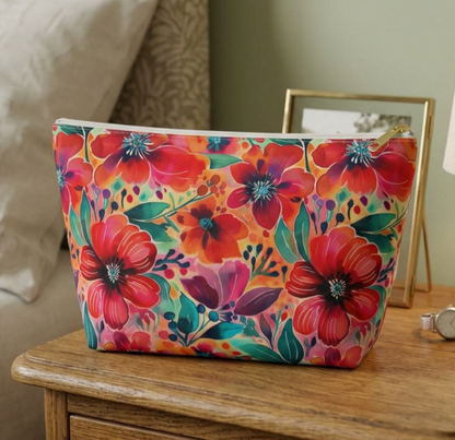 Floral Cosmetic Pouch — Bright Watercolor Flower Accessory Bag