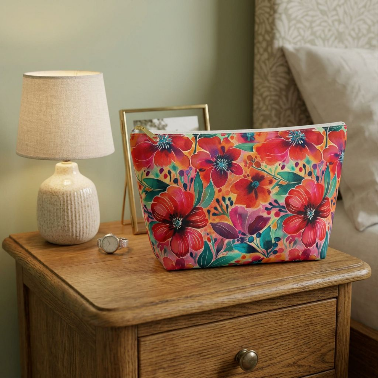 Floral Cosmetic Pouch — Bright Watercolor Flower Accessory Bag