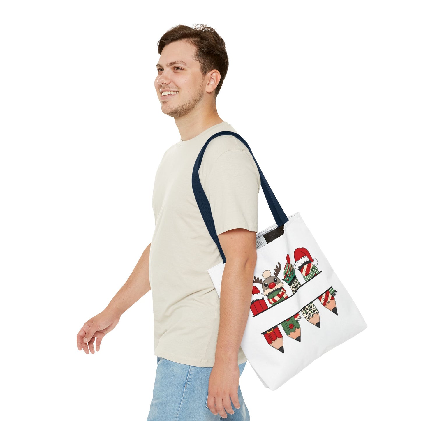 Festive Pencil Reindeer Tote Bag, Holiday Shopping Bag, Christmas Gift Tote, Teacher Appreciation, Winter Decor, Eco-Friendly Bag