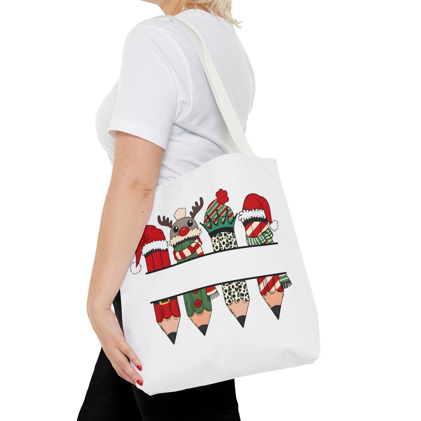 Festive Pencil Reindeer Tote Bag, Holiday Shopping Bag, Christmas Gift Tote, Teacher Appreciation, Winter Decor, Eco-Friendly Bag