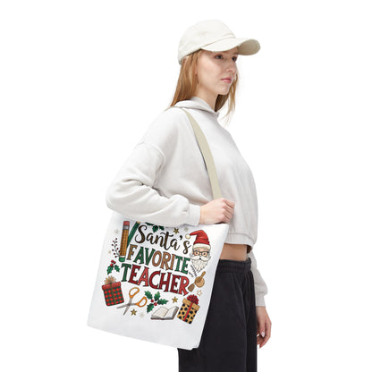 Santa's Favorite Teacher Tote Bag, Christmas Gift, Teacher Appreciation