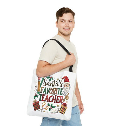 Santa's Favorite Teacher Tote Bag, Christmas Gift, Teacher Appreciation