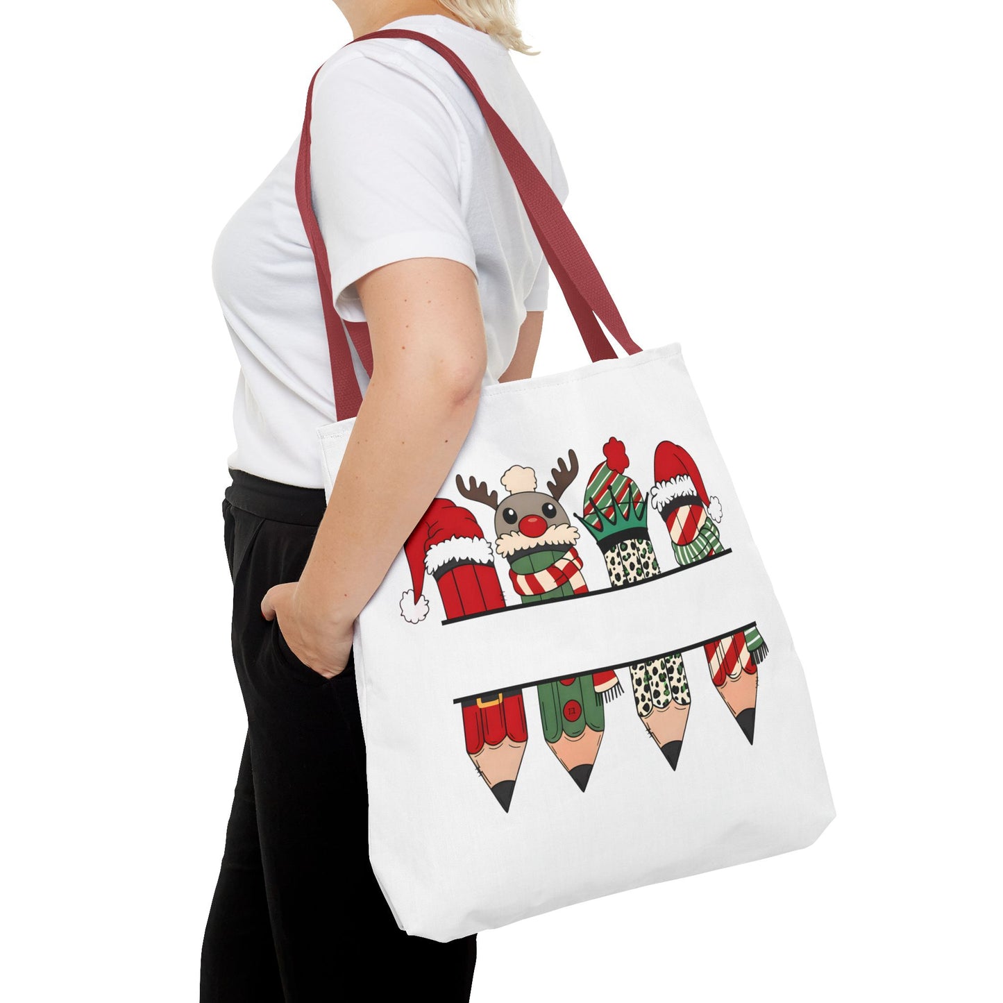 Festive Pencil Reindeer Tote Bag, Holiday Shopping Bag, Christmas Gift Tote, Teacher Appreciation, Winter Decor, Eco-Friendly Bag