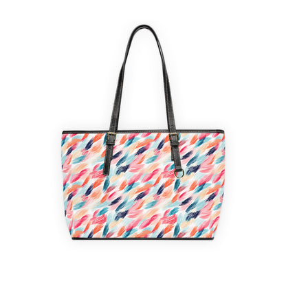 Abstract Watercolor Feather Print Shoulder Bag — Colorful PU Leather Tote