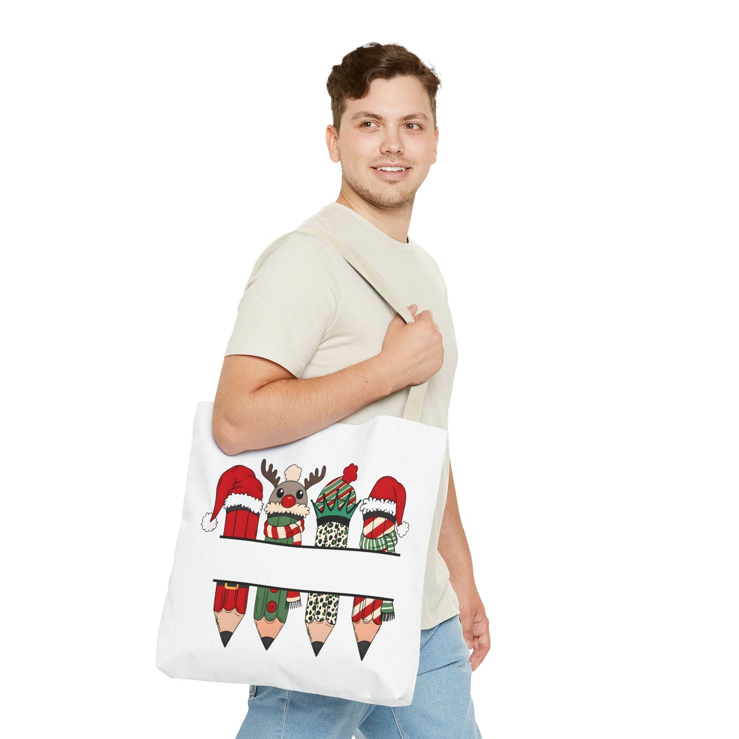 Festive Pencil Reindeer Tote Bag, Holiday Shopping Bag, Christmas Gift Tote, Teacher Appreciation, Winter Decor, Eco-Friendly Bag