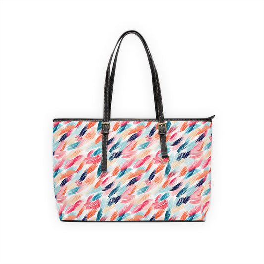 Abstract Watercolor Feather Print Shoulder Bag — Colorful PU Leather Tote