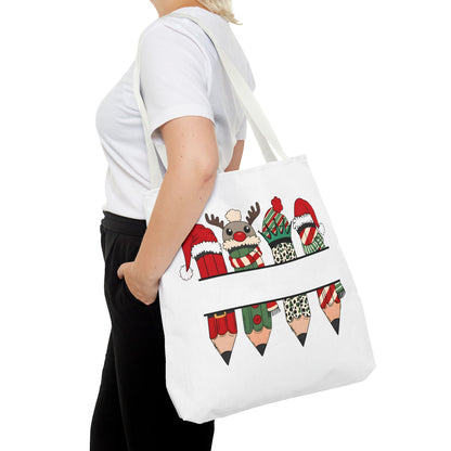 Festive Pencil Reindeer Tote Bag, Holiday Shopping Bag, Christmas Gift Tote, Teacher Appreciation, Winter Decor, Eco-Friendly Bag