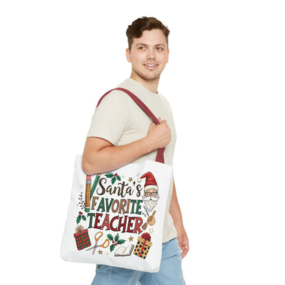 Santa's Favorite Teacher Tote Bag, Christmas Gift, Teacher Appreciation
