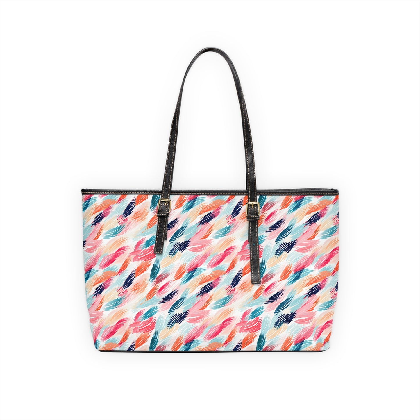 Abstract Watercolor Feather Print Shoulder Bag — Colorful PU Leather Tote
