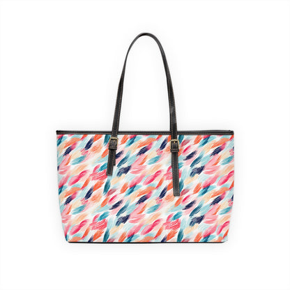 Abstract Watercolor Feather Print Shoulder Bag — Colorful PU Leather Tote