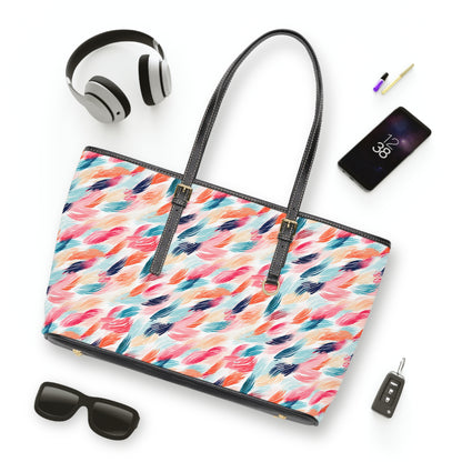 Abstract Watercolor Feather Print Shoulder Bag — Colorful PU Leather Tote