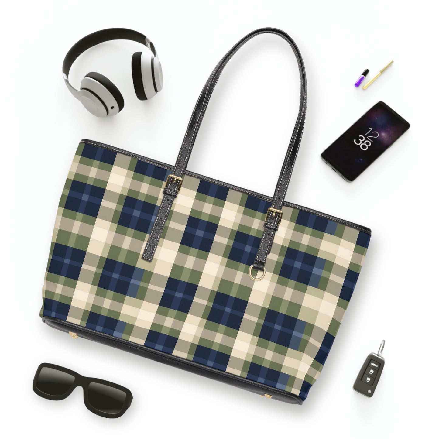Navy & Olive Plaid Shoulder Bag