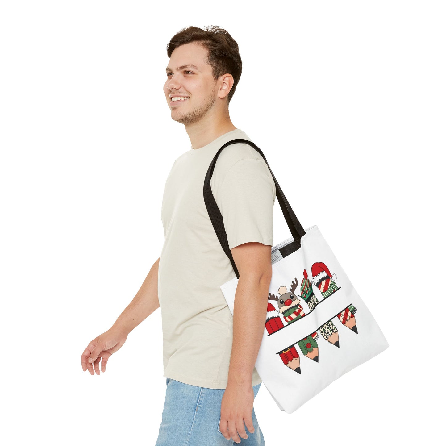 Festive Pencil Reindeer Tote Bag, Holiday Shopping Bag, Christmas Gift Tote, Teacher Appreciation, Winter Decor, Eco-Friendly Bag