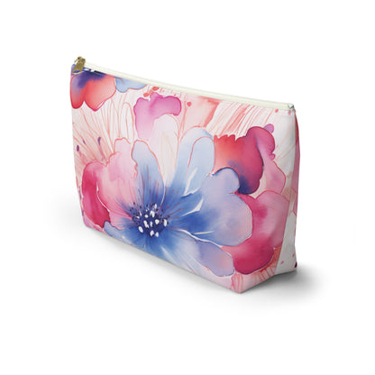 Floral Watercolor Accessory Pouch, Pink & Blue Cosmetic Bag